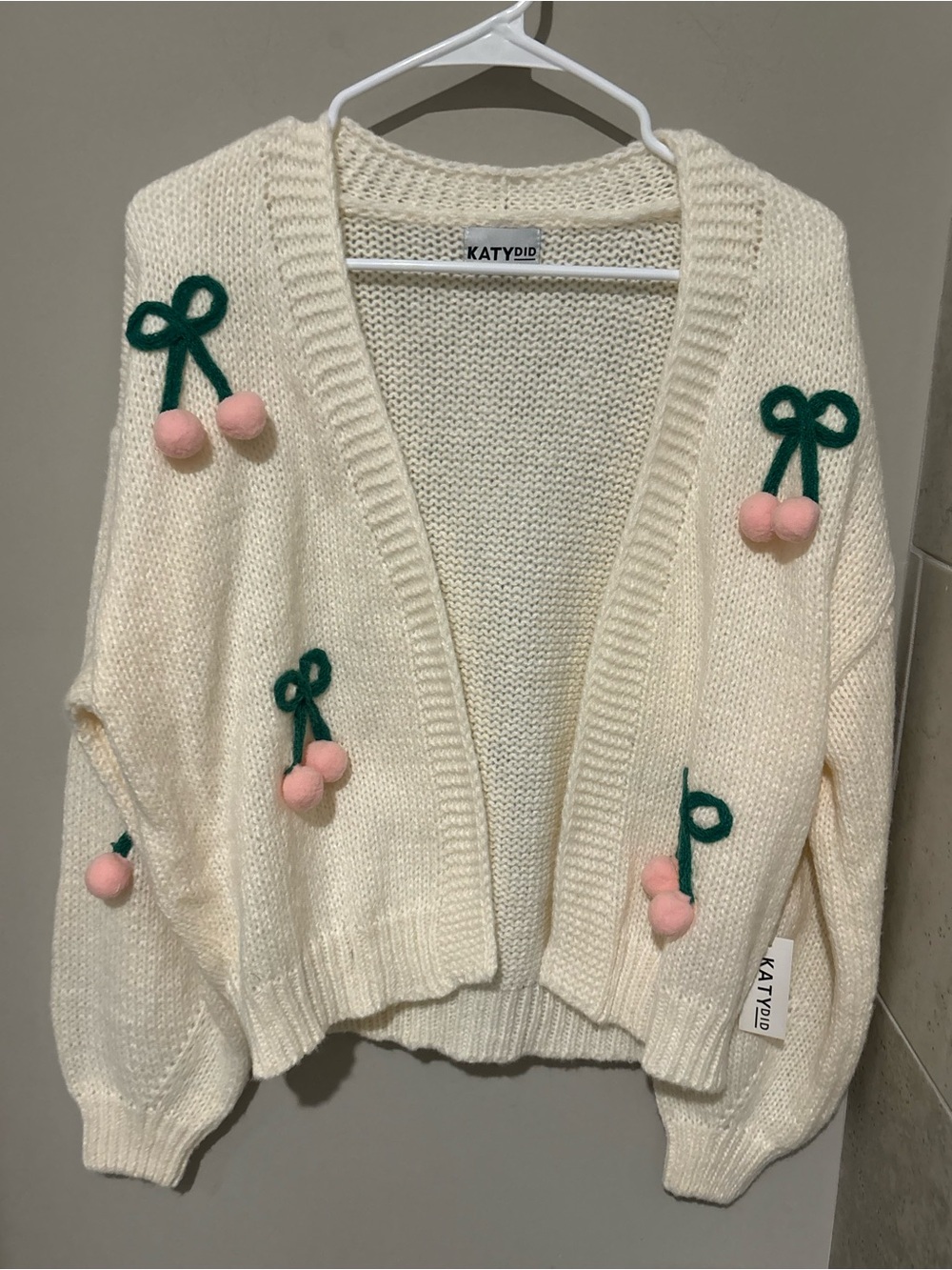 Katydid Cream Open Cardigan with Pink Cherry Appliqués and Green Bows